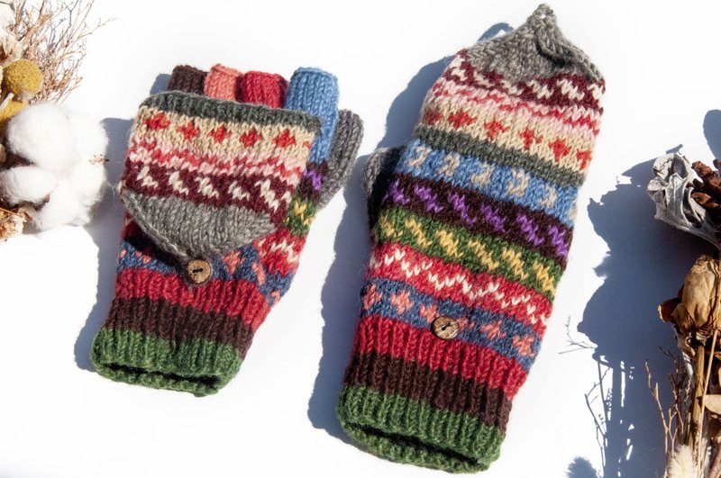 手織純羊毛針織手套/可拆卸保暖手套/內刷毛手套/觸控手套-北歐 - 手套 - 羊毛 多色