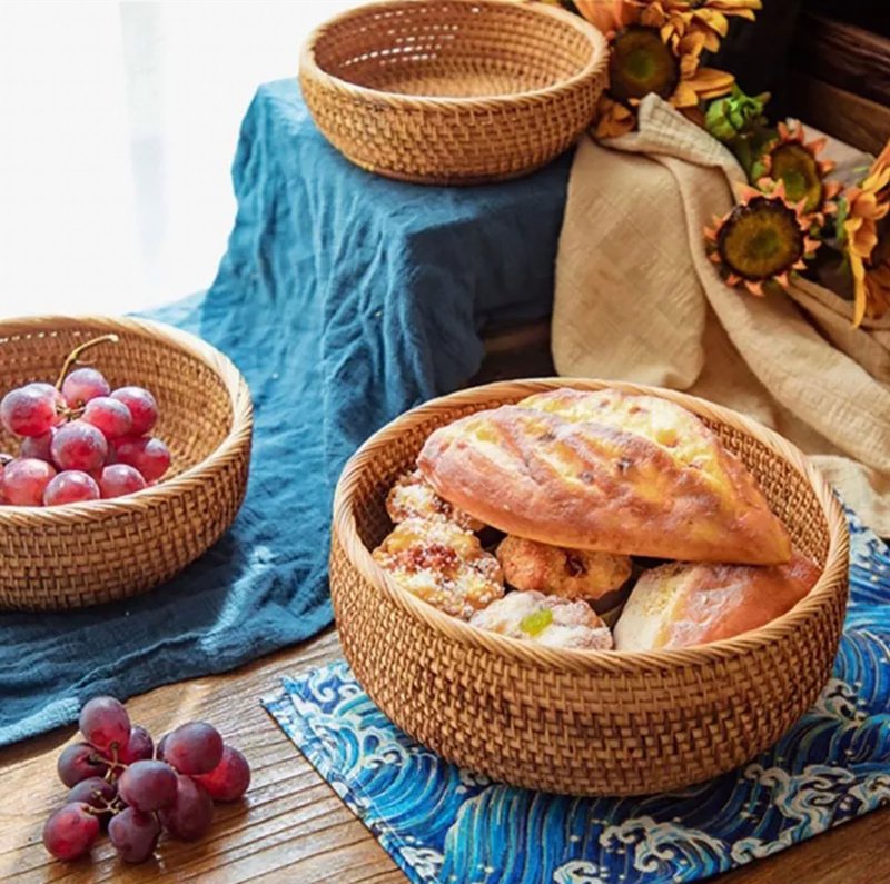 (Wicker baskets for food, set of 3) Storage baskets, woven baskets, wicker baske - ชั้นวาง/ตะกร้า - วัสดุอื่นๆ 