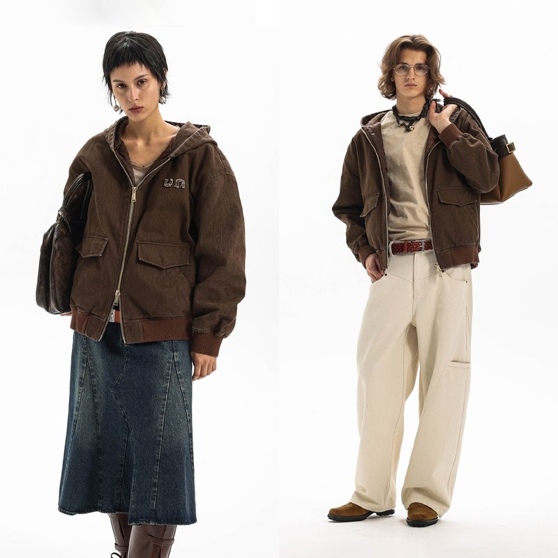 【洗褪工藝】Unvesno(UN)miu系巴恩風復古做舊刺繡連帽棉服夾克 - 男夾克/外套 - 其他材質 