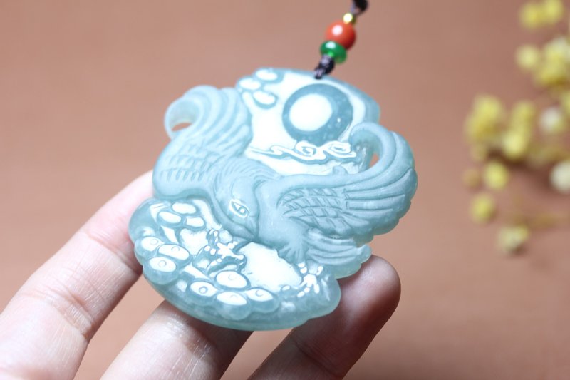 Jadeite Great Roc Spreading Wings Boundless Future Necklace Pendant Sweater Chain Gift for Friends Students - Necklaces - Jade Blue