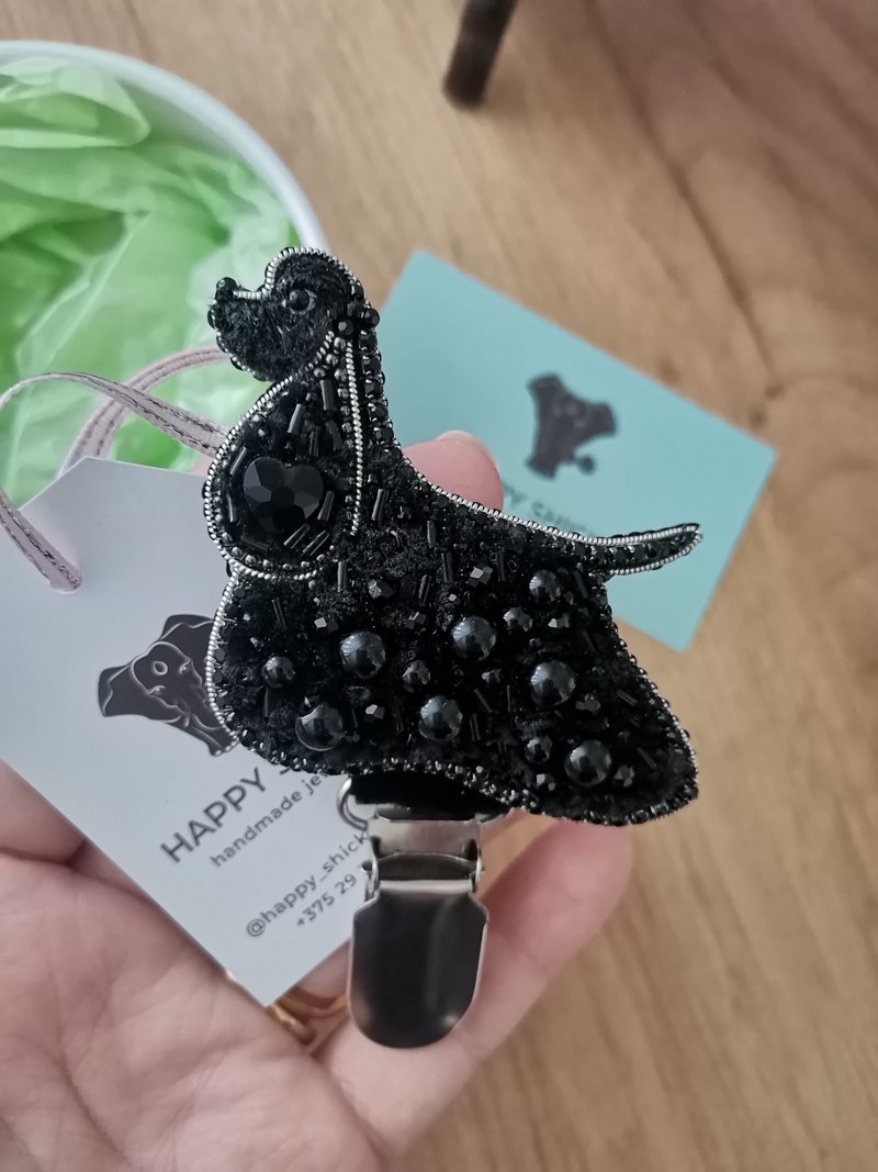 American cocker spaniel brooch, pet portrait jewelry, dog show number clip - Brooches - Glass Black