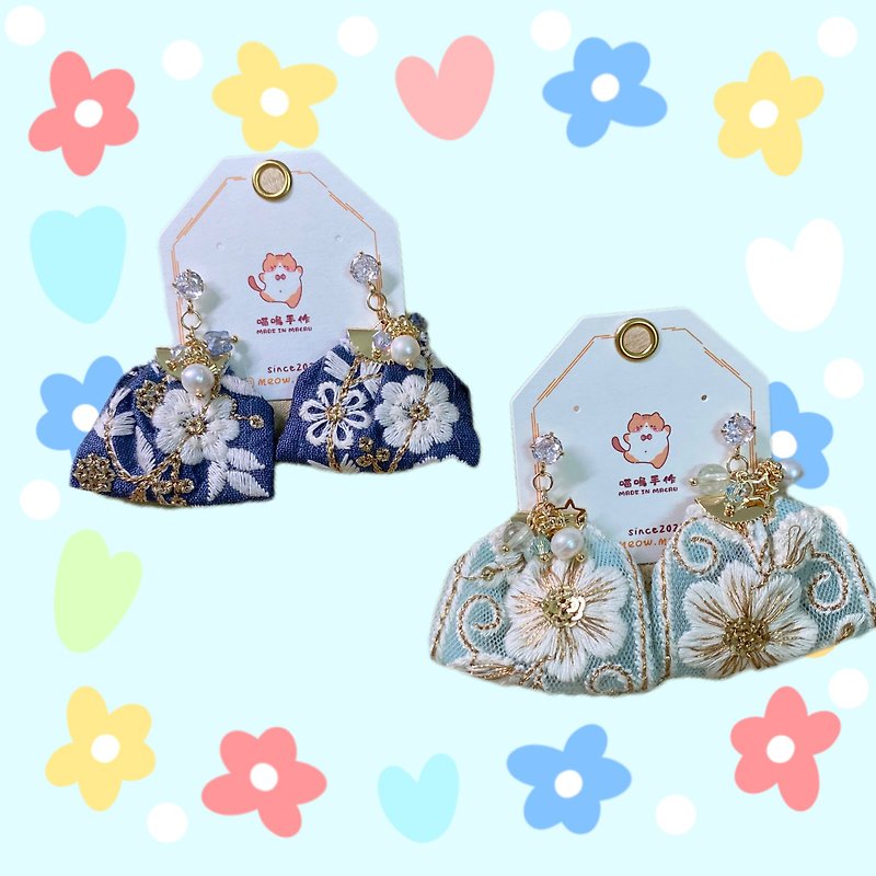 Embroidered ribbon earrings-2 colors - ต่างหู - ผ้าฝ้าย/ผ้าลินิน สีน้ำเงิน