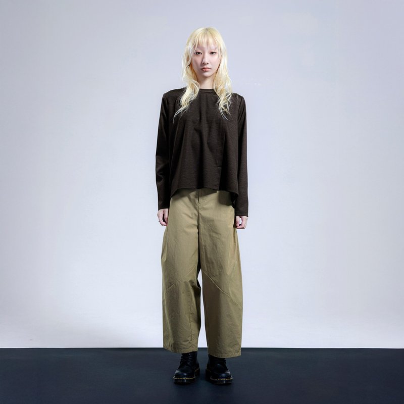 大腿側邊抓褶造型長褲 - 女長褲 - 棉．麻 咖啡色
