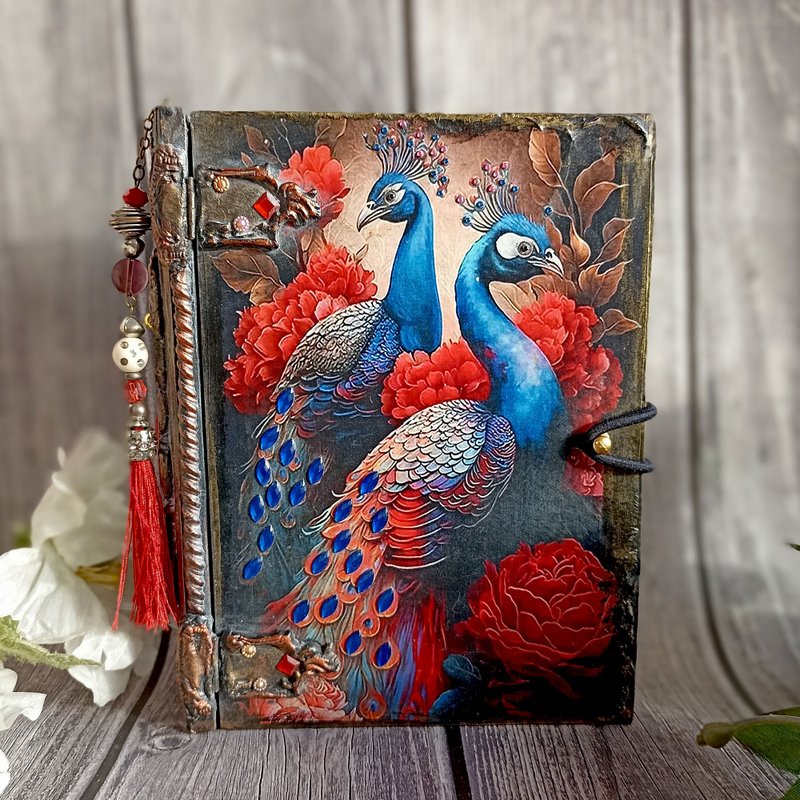 Peacock Box-Book,Card box,Keepsake box,Box for money,Banknote case,Jewelry box - กล่องเก็บของ - ไม้ สีแดง