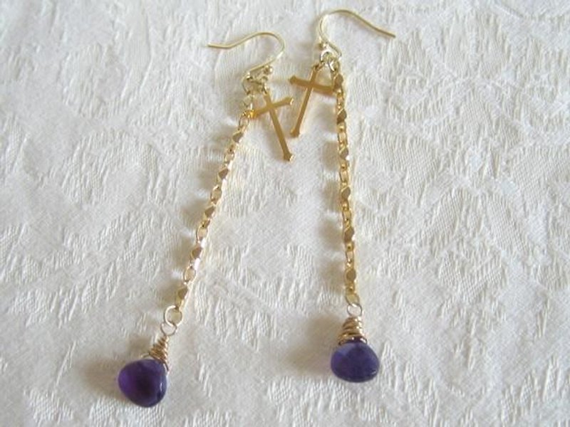 Amethyst, cross long chain earrings - Earrings & Clip-ons - Gemstone Purple