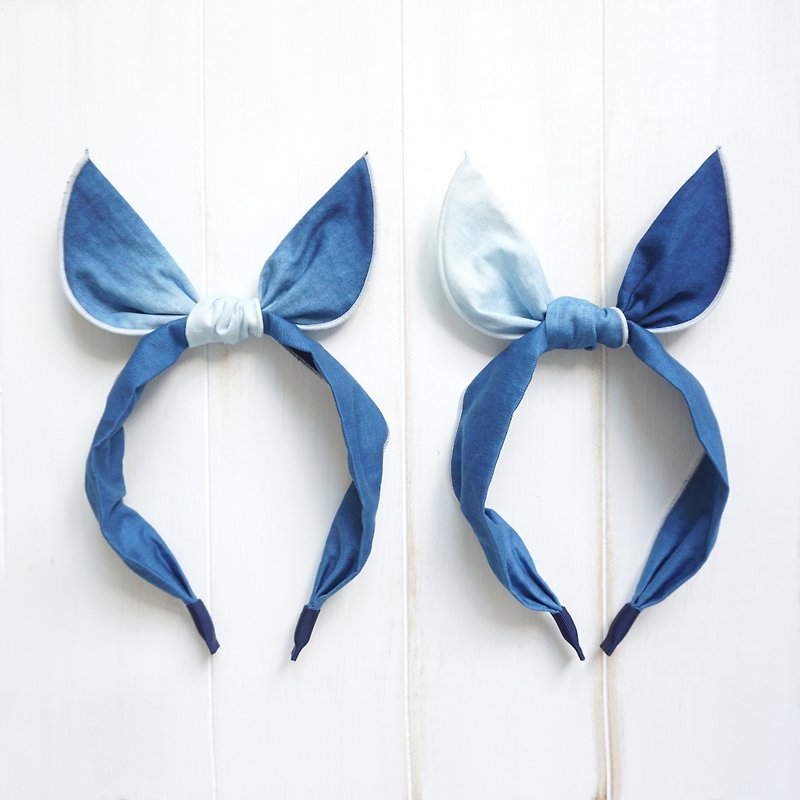 S.A x 韓式兔耳朵髮箍 Ocean海洋 - 髮帶/頭箍 - 棉．麻 藍色