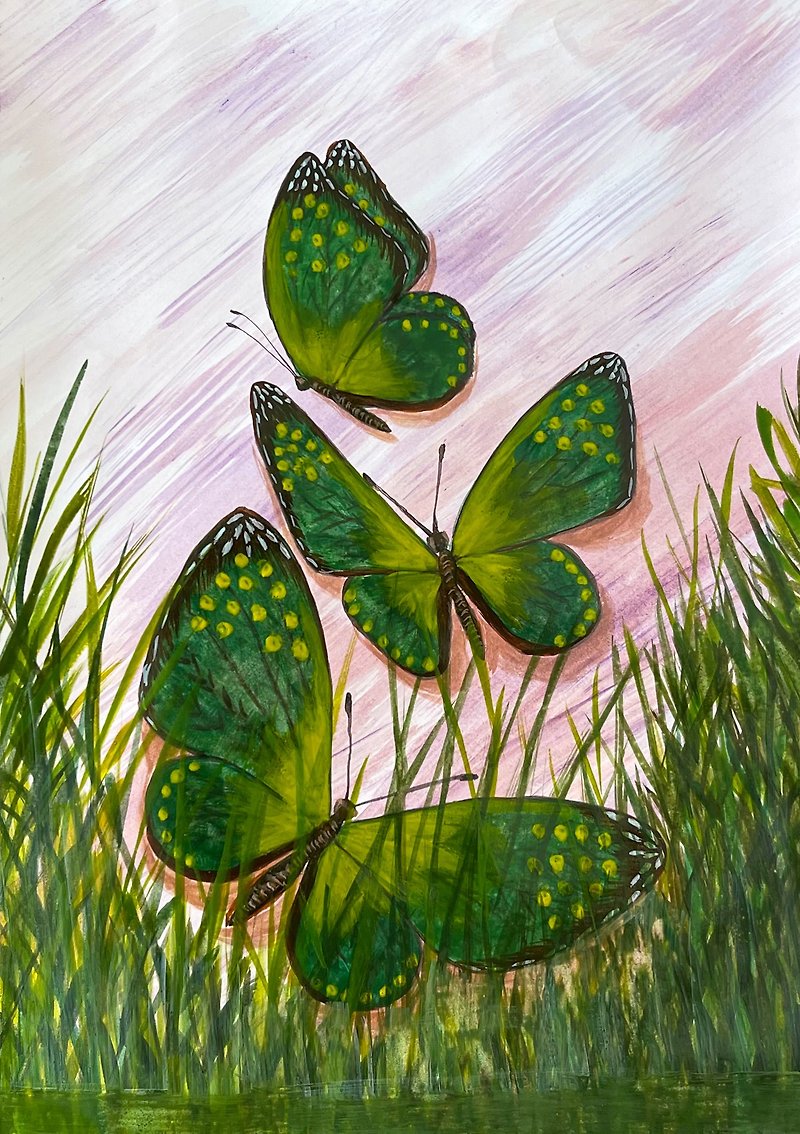 Green butterflies in the marsh grass. Watercolor. - Wall Décor - Paper 