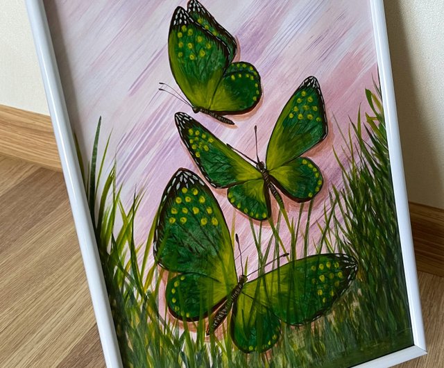 Green butterflies in the marsh grass. Watercolor. - Shop