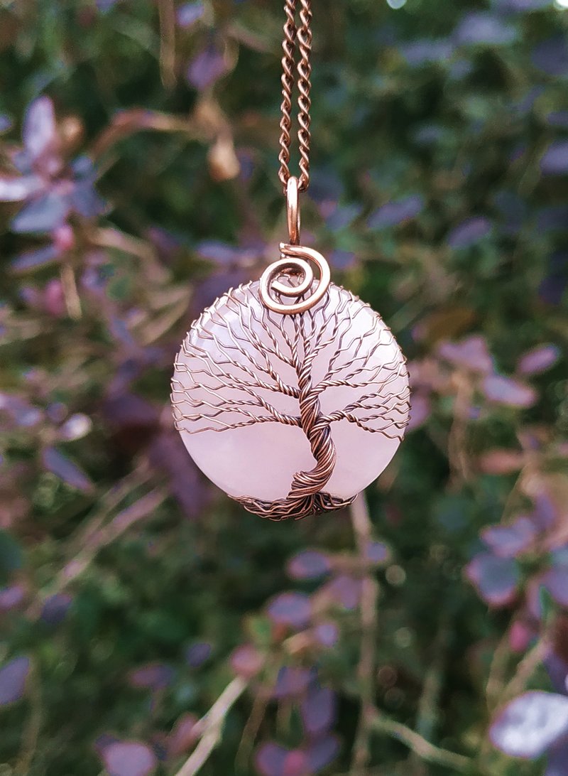 Pink Quartz Heart Chakra Necklace, Yoga Healing Pendant, Tree Of Life Talisman - สร้อยคอ - เครื่องเพชรพลอย สึชมพู