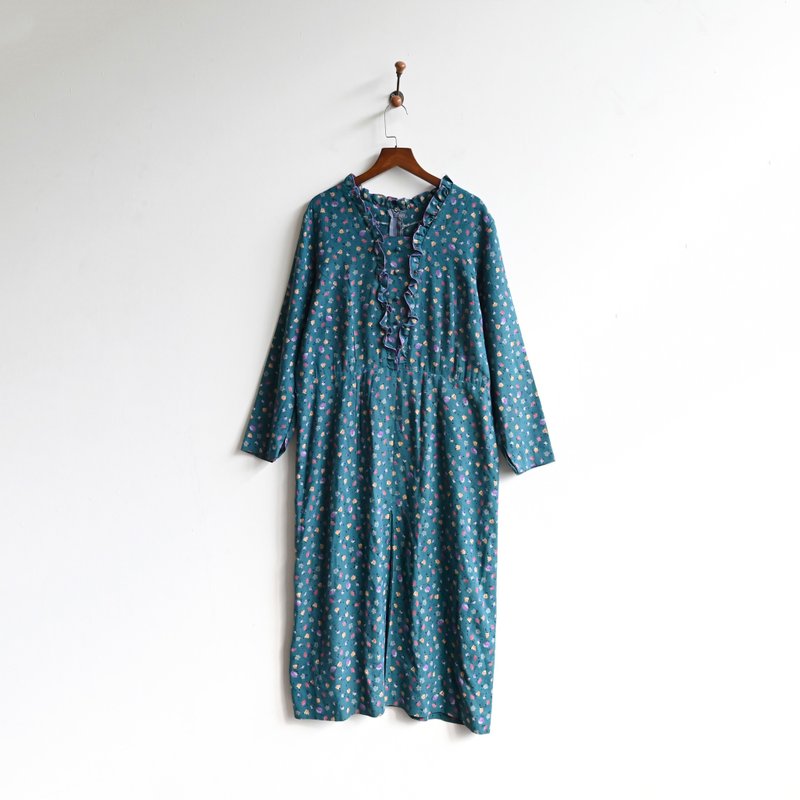 [Egg Plant Vintage] Lake Fall Flower Print Long Sleeve Vintage Dress - ชุดเดรส - ไฟเบอร์อื่นๆ 