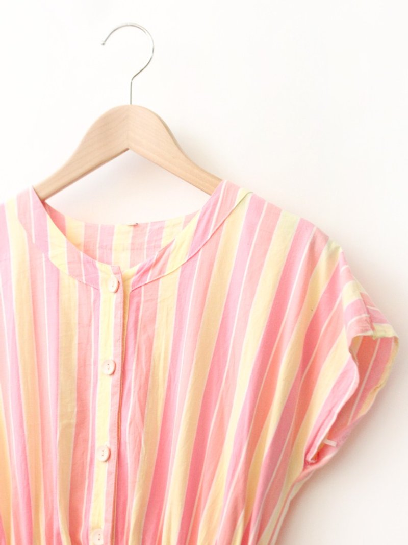 Retro sweet romantic striped pink short-sleeved cotton vintage dress VintageDress - ชุดเดรส - ผ้าฝ้าย/ผ้าลินิน สึชมพู