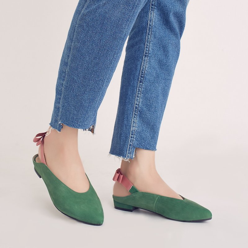 Back lace Muller! Knotted small gift pointed shoes green full leather MIT rouge crisp plum - Women's Leather Shoes - Genuine Leather Green