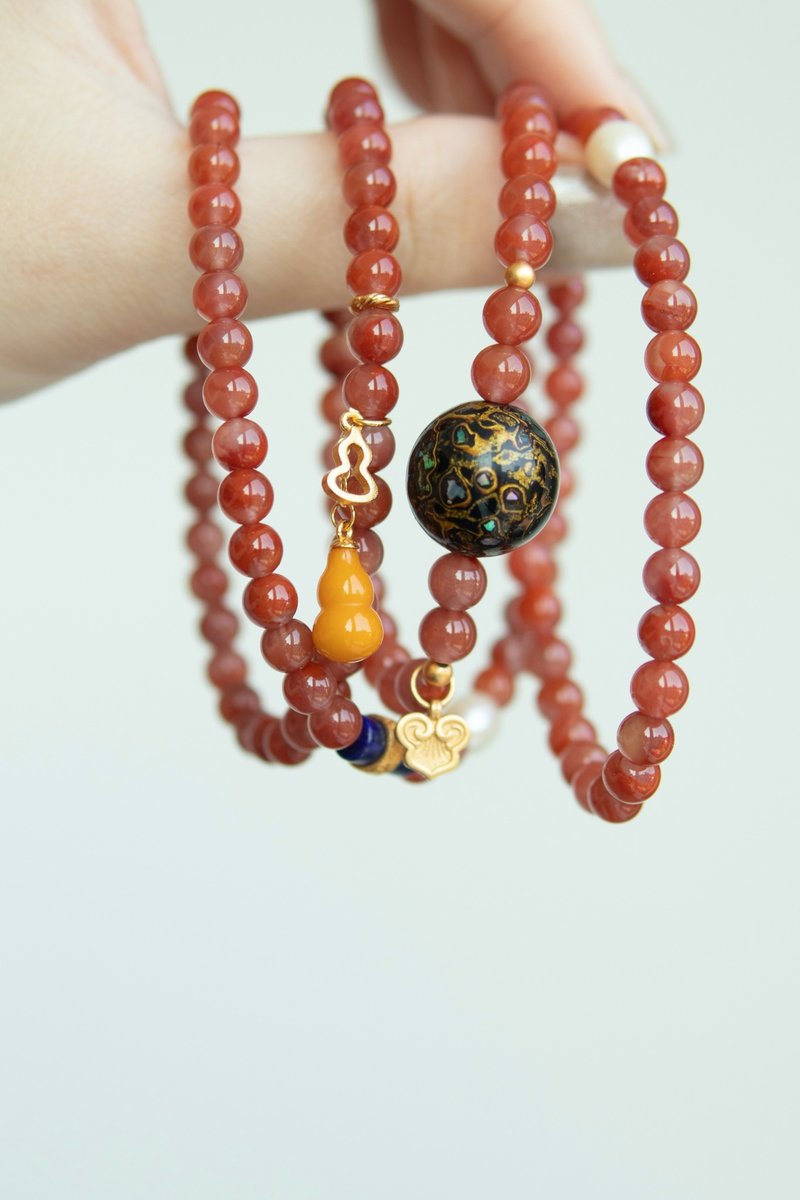 Natural red bracelet + mother-of-pearl lacquer beads + Wax gourd + lapis lazuli + pearls - Bracelets - Semi-Precious Stones 