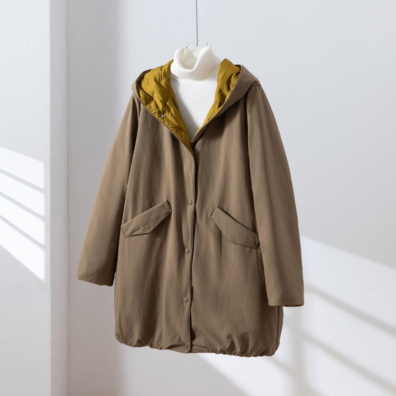 1枚で2つの魅力   ふんわりショールカラー　リバーシブルダウン　ダウンコート　濃いベージュ+ウコン色　251108-2 - 女大衣/外套 - 其他材質 卡其色