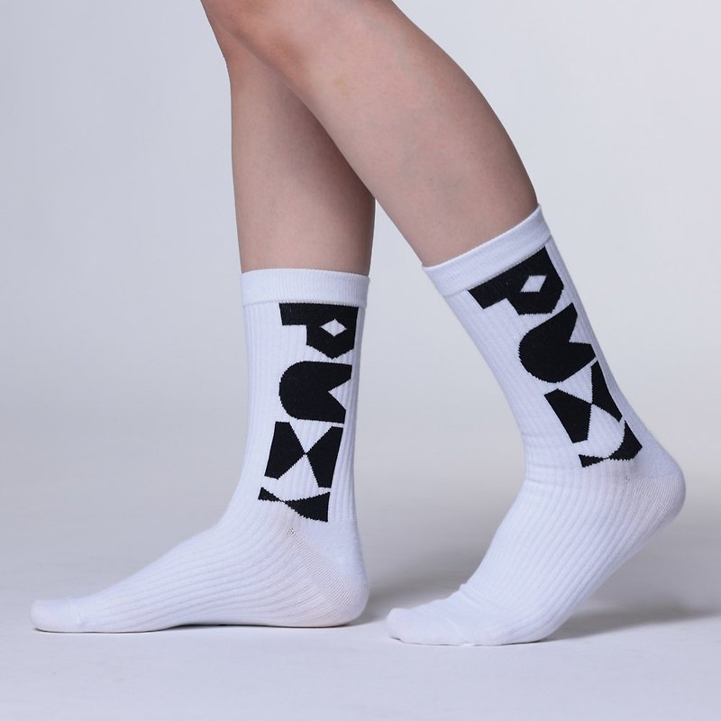 【圖騰系列】PUX!運動款中長襪 - 襪子 - 棉．麻 白色