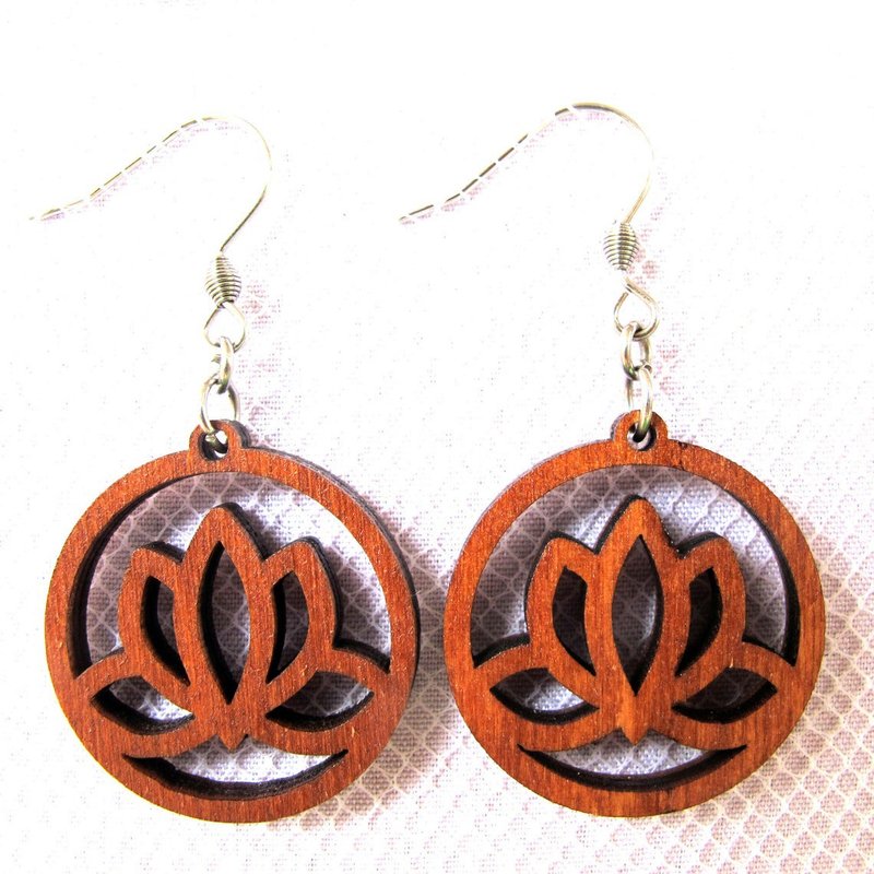 Wooden Earrings - Lotos Flower - ต่างหู - ไม้ สีนำ้ตาล