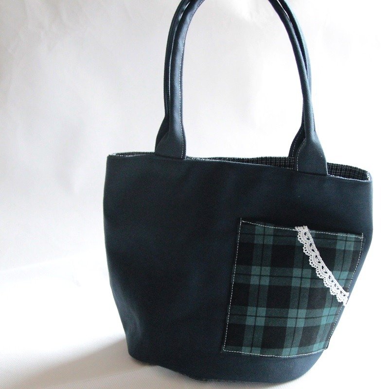 Cylindrical walking bag dark blue canvas Scottish plaid preppy lace outer pocket - Handbags & Totes - Cotton & Hemp Blue