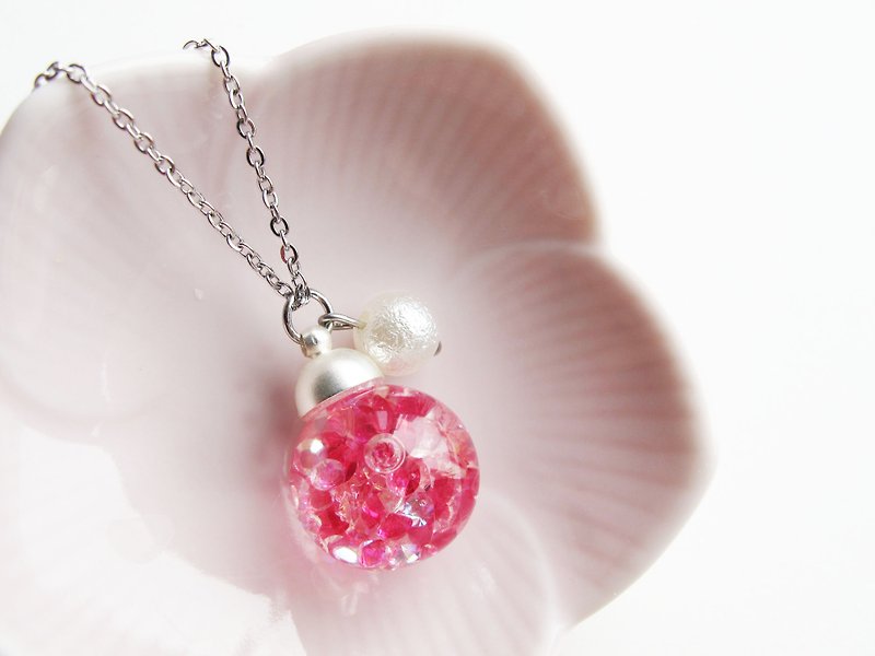 Rosy Garden 粉彩玫瑰紅色水晶流動玻璃球配小棉珠氣質項鏈 - 頸鏈 - 玻璃 紅色