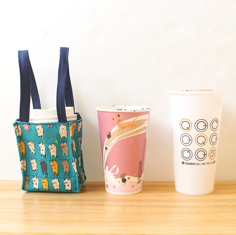 曬貓咪圖案飲料提袋(一般款) 環保杯袋 咖啡杯袋 - 飲料提袋/杯袋/杯套 - 棉．麻 藍色