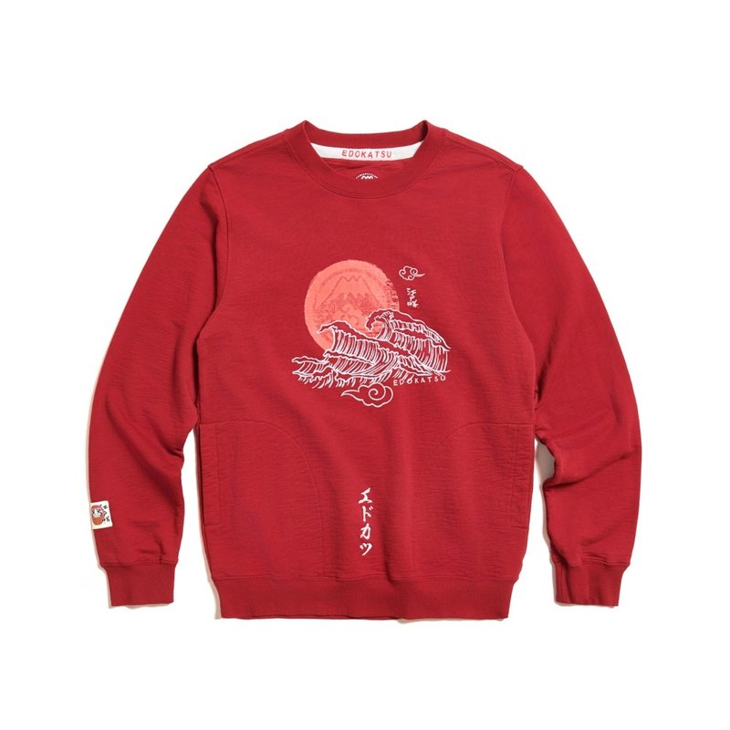 Edo Katsu Japanese big wave long-sleeved T-shirt - Men's (vermilion) #Top - Men's T-Shirts & Tops - Cotton & Hemp Red