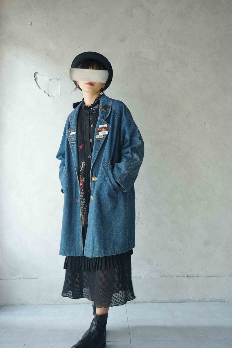 Treasure Hunt Vintage - Washed Blue Denim DIY Logo Sleeve Suit Long Jacket - Women's Casual & Functional Jackets - Cotton & Hemp Blue