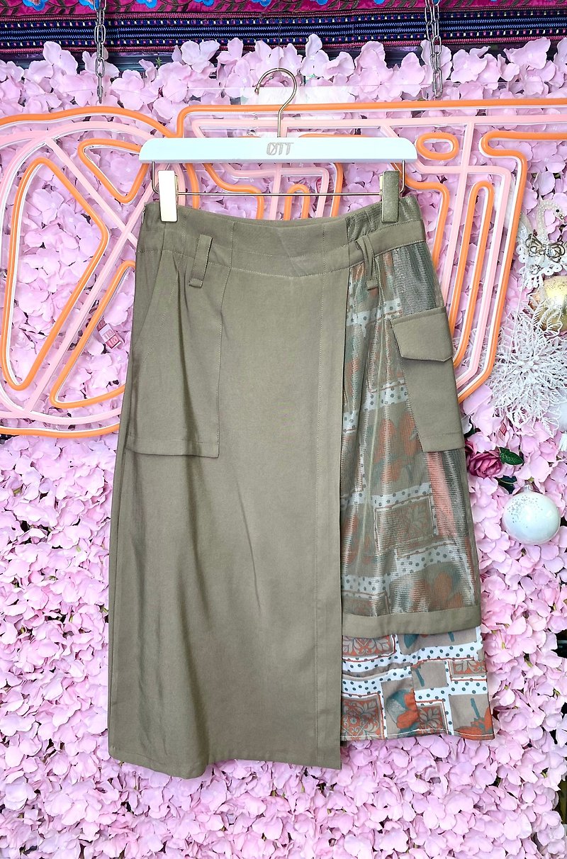 OTT Unique•Unique Japanese Khaki Mesh Print Skirt - กระโปรง - ผ้าฝ้าย/ผ้าลินิน สีกากี