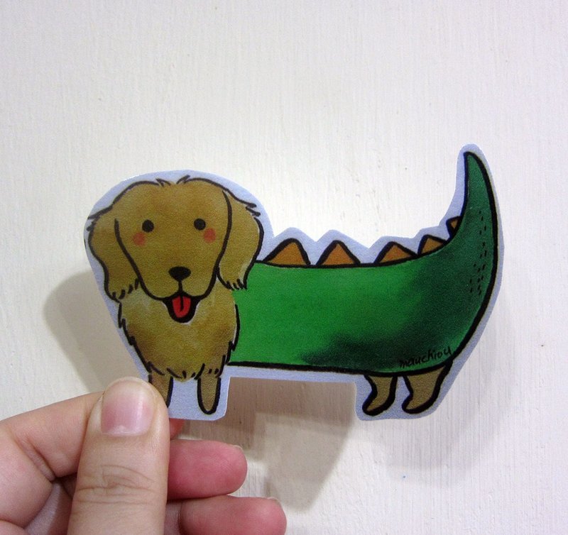 Hand-painted illustration style completely waterproof sticker long-haired cream sausage yellow sausage Dachshund - สติกเกอร์ - วัสดุกันนำ้ สีนำ้ตาล