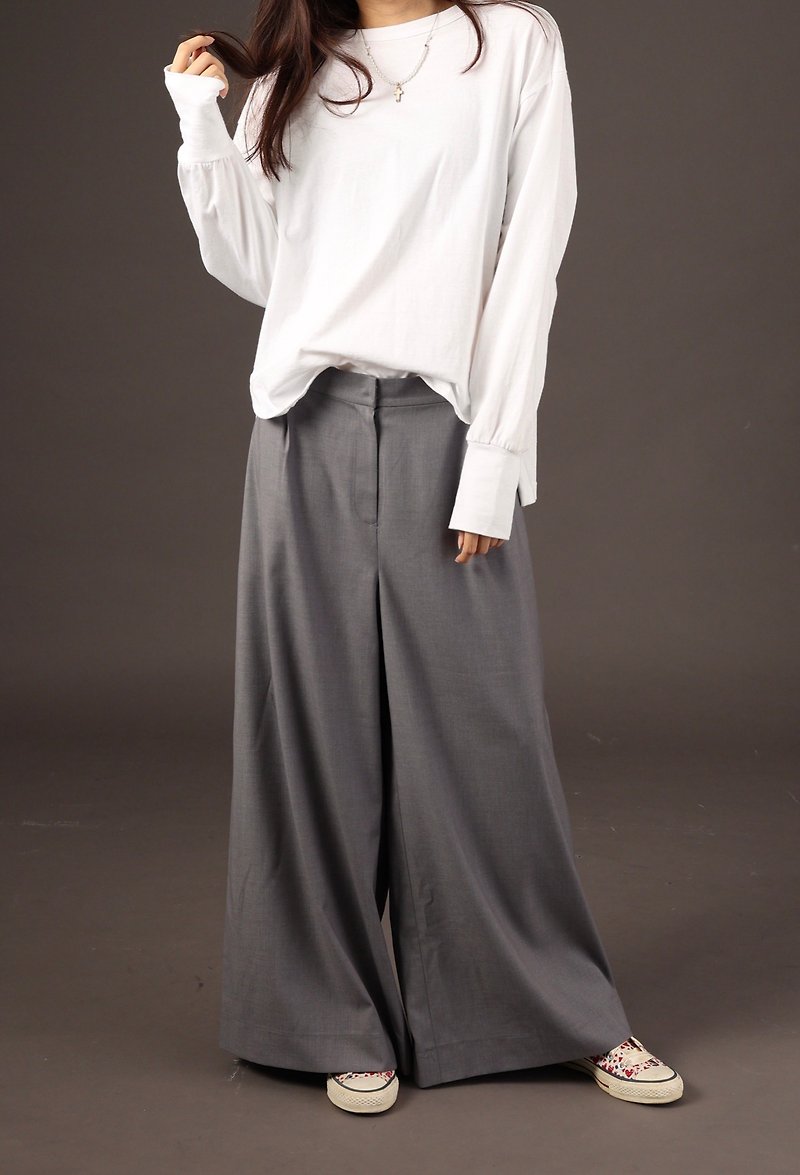MIZIHANA original slim straight suit wide pants - กางเกงขายาว - ผ้าฝ้าย/ผ้าลินิน สีเทา