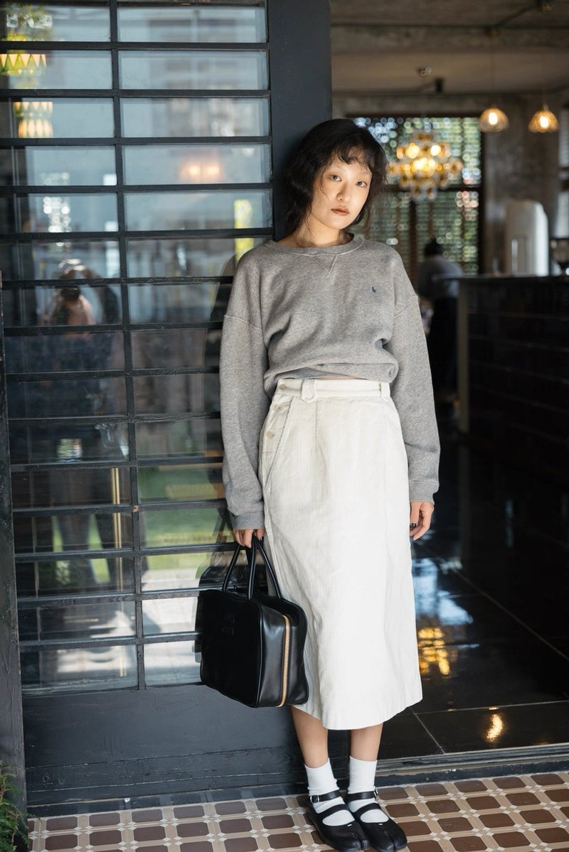 ご当地ギャル 日本輸入生地 レトロなホワイトコーデュロイ ウエストとバックスリットの小さめAラインスカート - スカート - コットン・麻 ホワイト