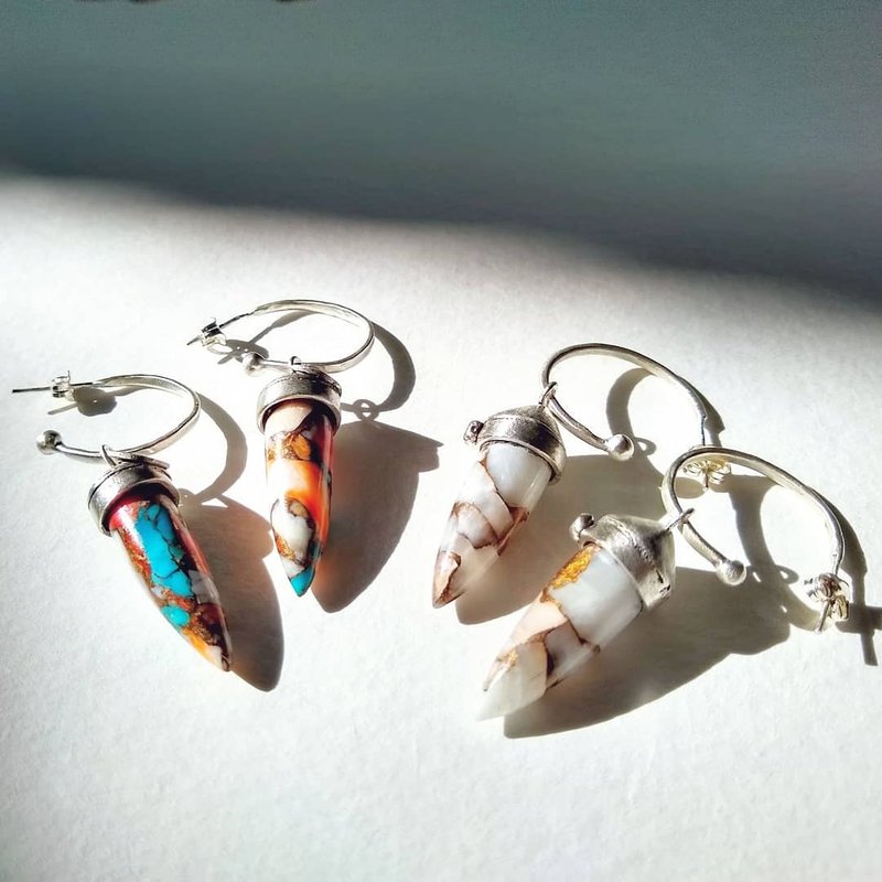 Spike Gemstone Hoop Earrings　Sterling Silver  5 kinds of stones - ต่างหู - เงินแท้ สีเงิน