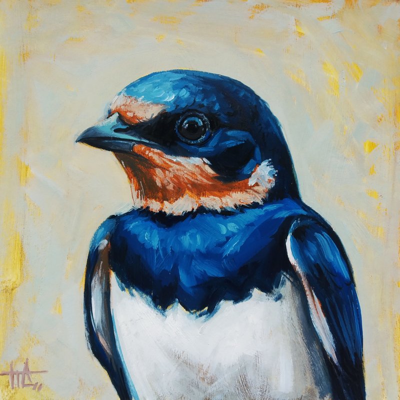 Original Oil Painting Portrait of Bird Swallow 8x8 inches Bird Painting - 海報/掛畫/掛布 - 紙 多色