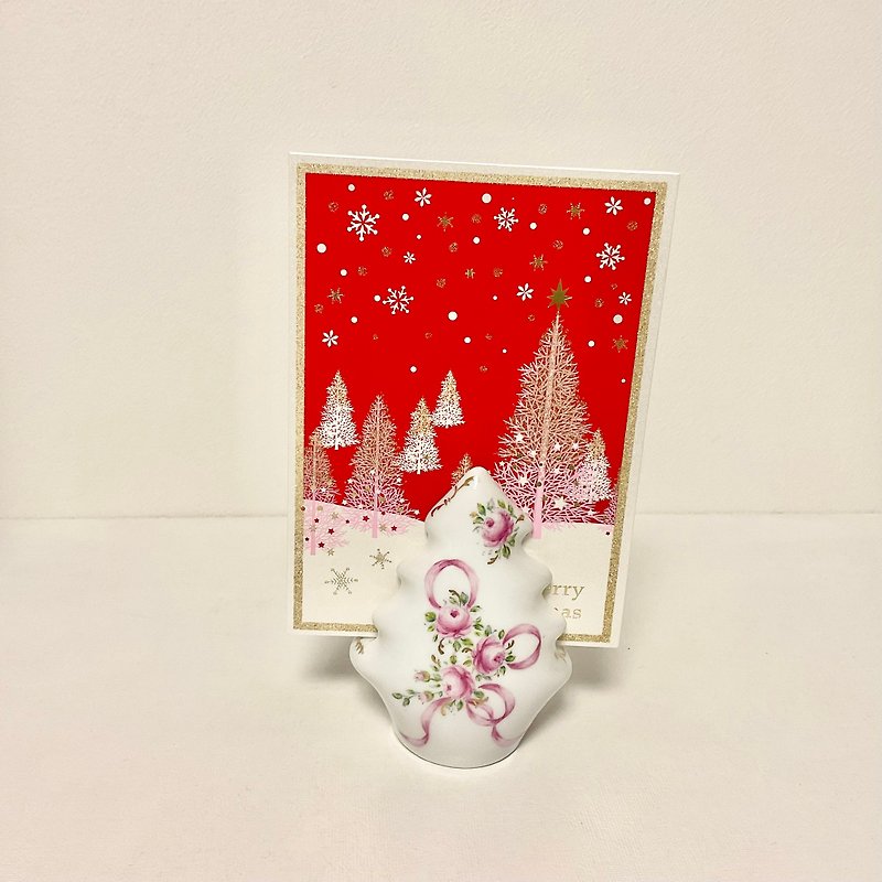 Porcelain  Christmas tree-shaped card stand with pink roses - Items for Display - Porcelain White