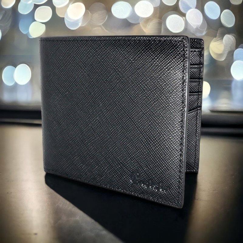 [Engraving] Series V Italian cross-grain leather RFID short Silver(black) - Wallets - Genuine Leather Black