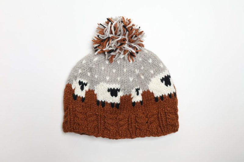 /精品/咖灰麻花綿羊小羊毛球細軟美麗諾羊毛帽/純羊毛線手工編織 - 帽子 - 羊毛 咖啡色