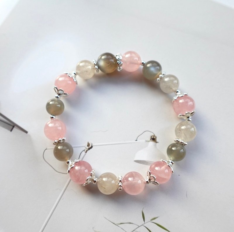 Pink quartz Silver moonlight gray rabbit fur bracelet/pink quartz popular confidence (Bronze Silver accessories) - สร้อยข้อมือ - คริสตัล 