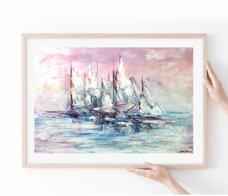 Sailboat Painting Acrylic Boats Wall Art Seascape Original Y - 牆貼/牆身裝飾 - 壓克力 粉紅色