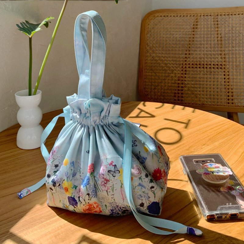 ttq floral drawstring bucket bag, baby blue drawstring handbag la - Drawstring Bags - Silk Blue