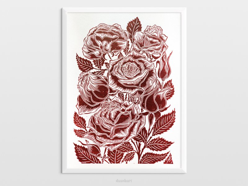 勃艮第玫瑰花牆藝術 Linocut 印刷植物植物原創藝術品 - 海報/掛畫/掛布 - 紙 紅色