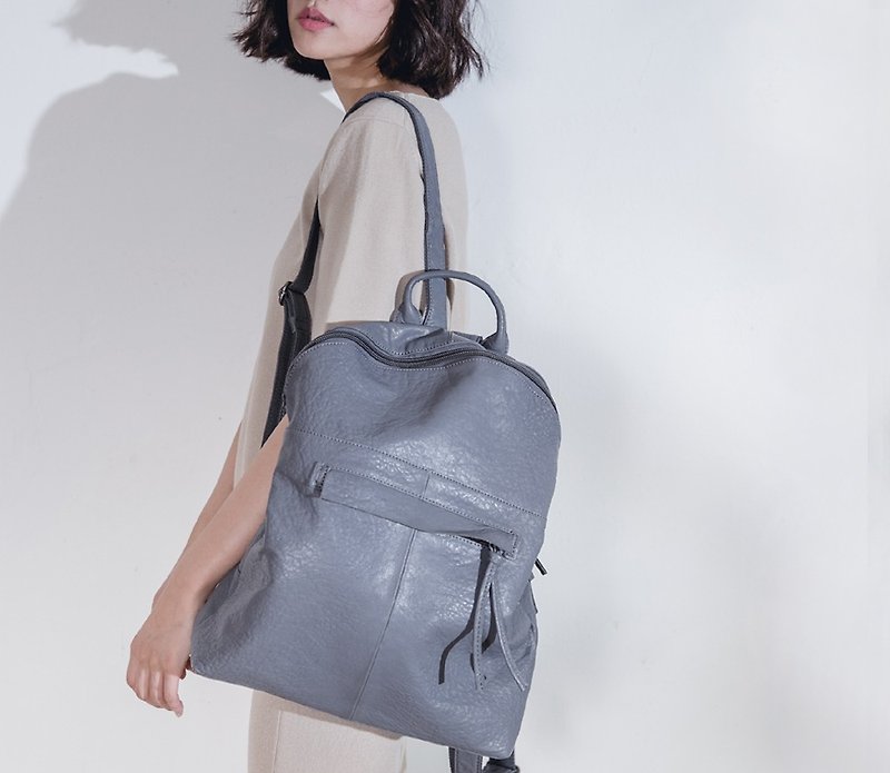 Minimalist arc zipper leather soft leather backpack violet blue - Backpacks - Genuine Leather Blue