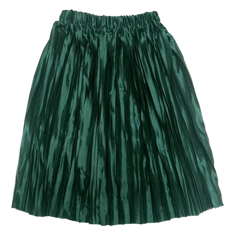 Cutie Bella 光澤感緞面百褶鬆緊中長裙 Deep Green深綠 - 女童洋裝/裙子 - 聚酯纖維 