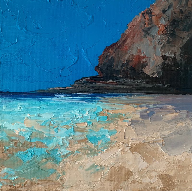 Original Beach Ocean Landscape Blue Sky Artwork Seascape Painting Impasto Art - 壁貼/牆壁裝飾 - 棉．麻 多色