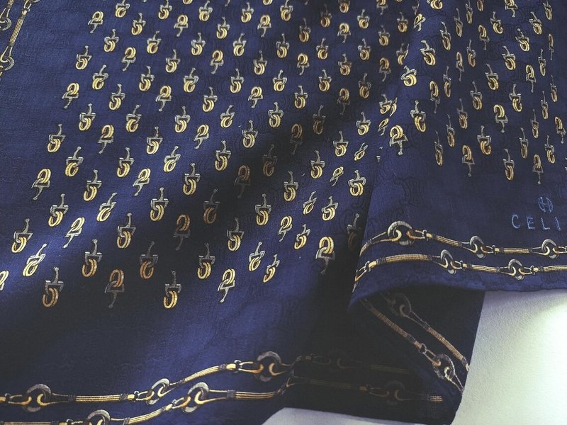 Celine Vintage Handkerchief Jacquard Woven Equestrian Motif 21 x 20.5 inches - Scarves - Cotton & Hemp Blue