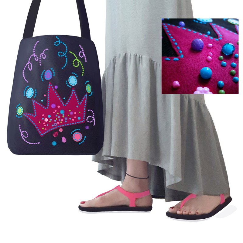 11.5x14 inch tote. Fun and original with hand-stitched design with felt, beads - 手提包/手提袋 - 其他材質 黑色