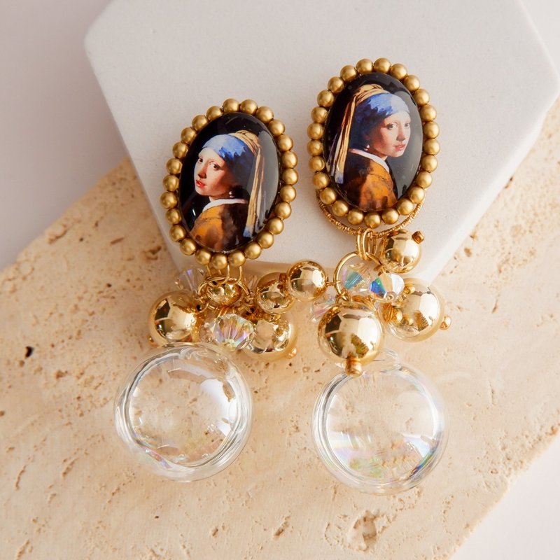 Glass dome earrings (girl with pearl earring) - ต่างหู - แก้ว สีทอง