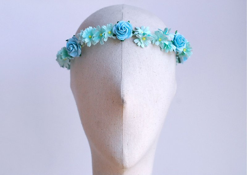 Paper Flower, Bridal flower crown, headband, daisy and mini roses, arctic blue color. - Hair Accessories - Paper Blue