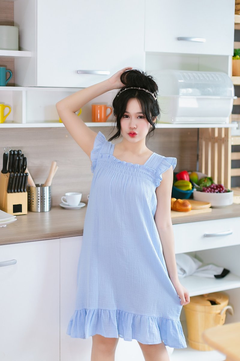 Sky -  Cotton100% Pajamas dress (Short sleeves)ชุดนอนกระโปรง ผ้าฝ้าย สายเดี่ยว - ชุดนอน/ชุดอยู่บ้าน - ผ้าฝ้าย/ผ้าลินิน สีน้ำเงิน