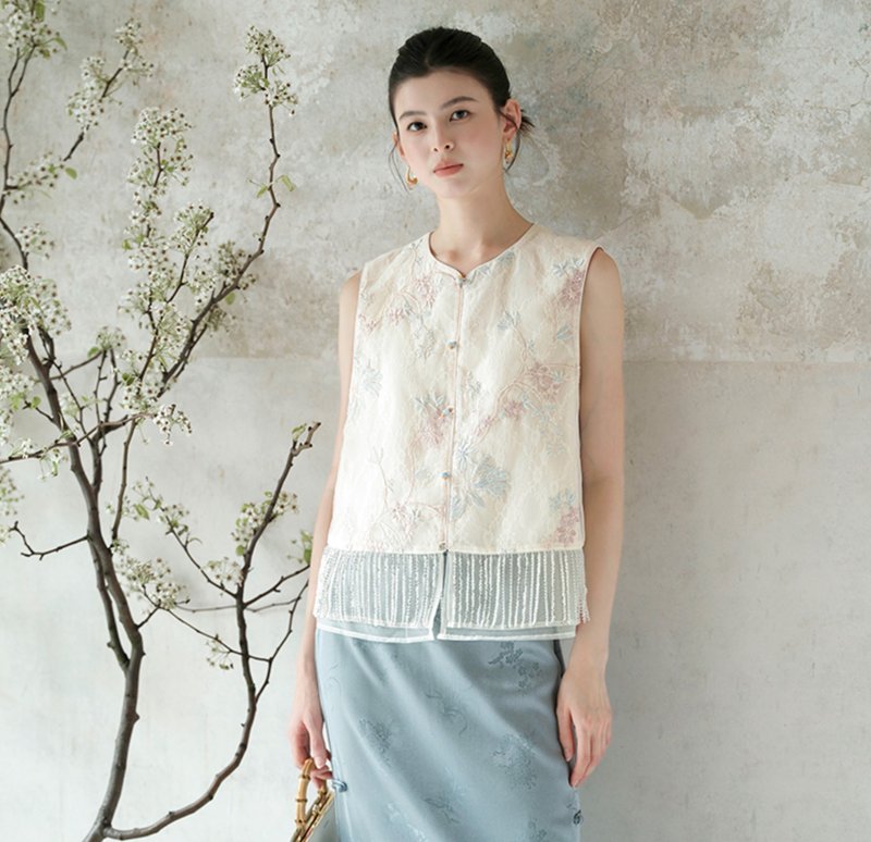 【刺繡】新中式復古中國風 靈動氣質/珠片流蘇背心/半裙 - 背心/無袖上衣 - 聚酯纖維 藍色