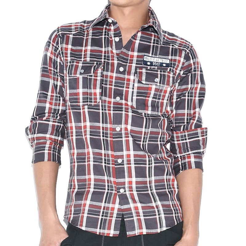 Red and gray plaid long-sleeved shirt with appliqué embroidery - เสื้อเชิ้ตผู้ชาย - ผ้าฝ้าย/ผ้าลินิน 
