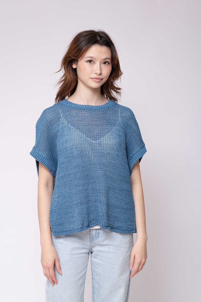 【Amoha】Pure cotton knit short version reversible top - Alice Blue - Women's Sweaters - Other Materials Blue