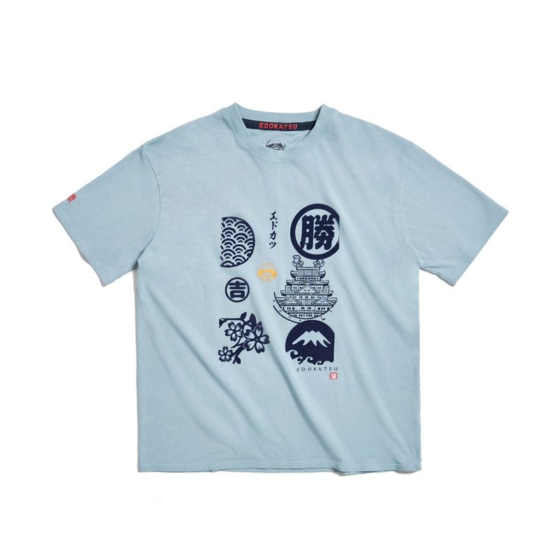 Edo katsu Japanese print short-sleeved T-shirt - Men's (light blue) #Top - Men's T-Shirts & Tops - Cotton & Hemp Blue